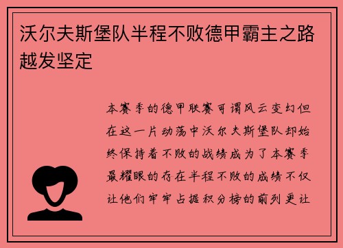 沃尔夫斯堡队半程不败德甲霸主之路越发坚定